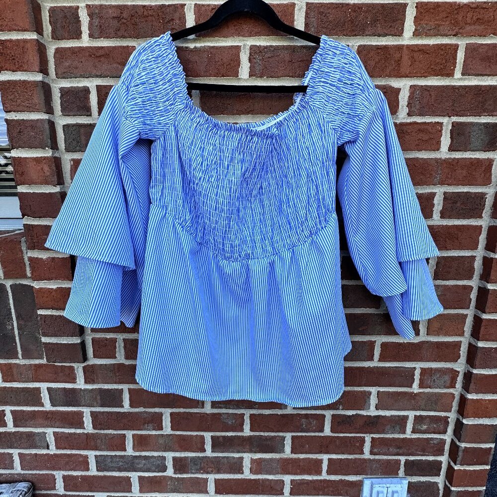 Forever 21+ Smocked Off Shoulder Top Size 2X Blue White Stripe Bell Sleeves